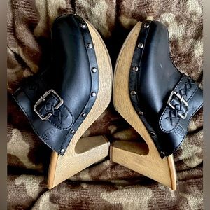 Women’s Ruff Hewn St. Tropez Mules. High heel Clogs, Black Leather 8 M